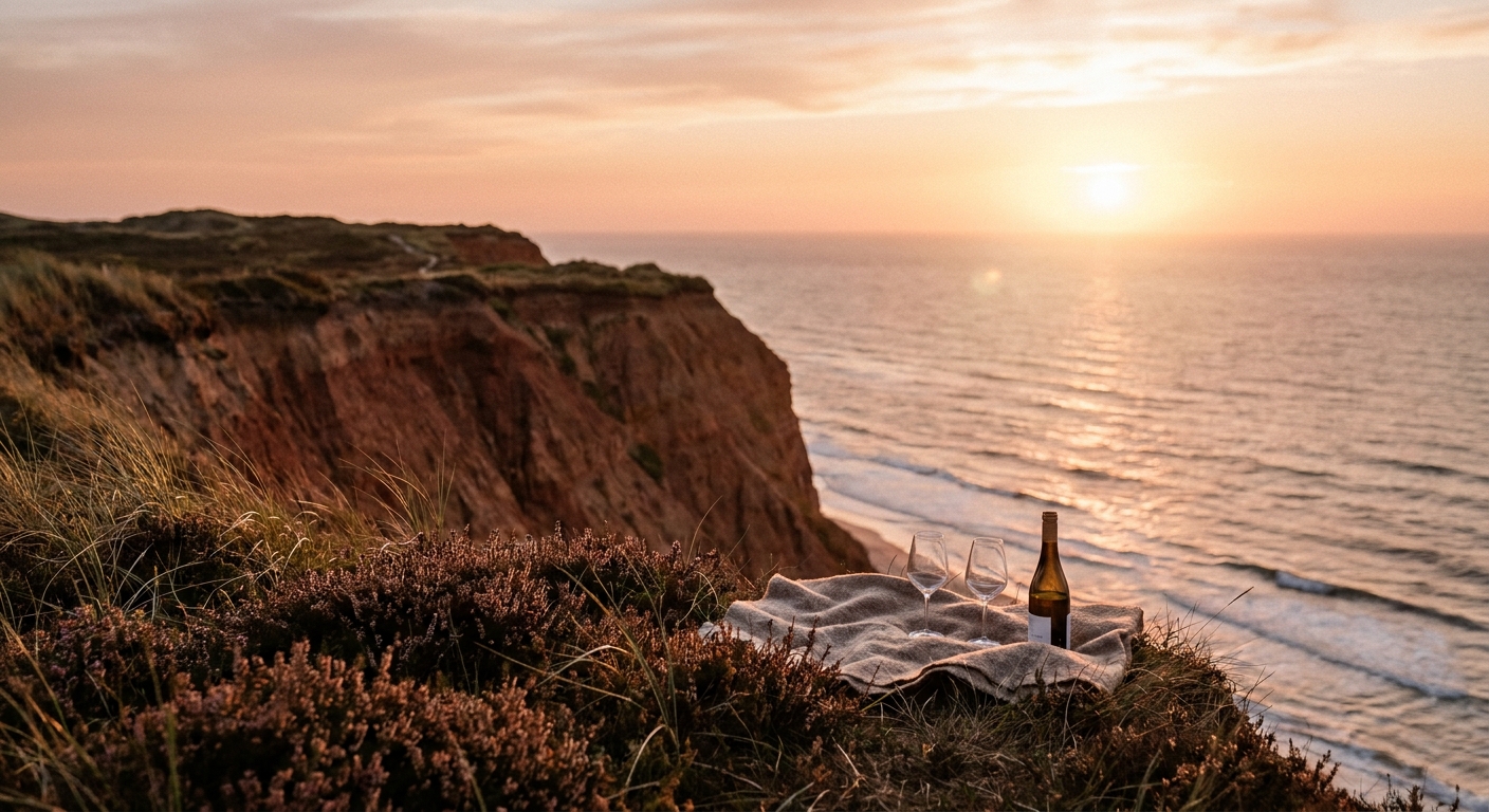 Sonnenuntergang am Roten Kliff mit Weingläsern auf einer Decke im Dünengras an der Nordseeküste