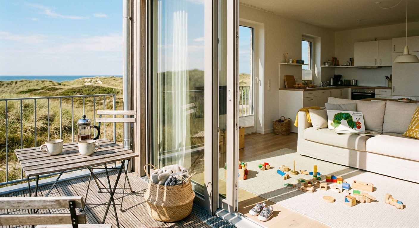 Sonnige Ferienwohnung mit Balkon, Dünenblick und Kinderspielzeug im Wohnzimmer