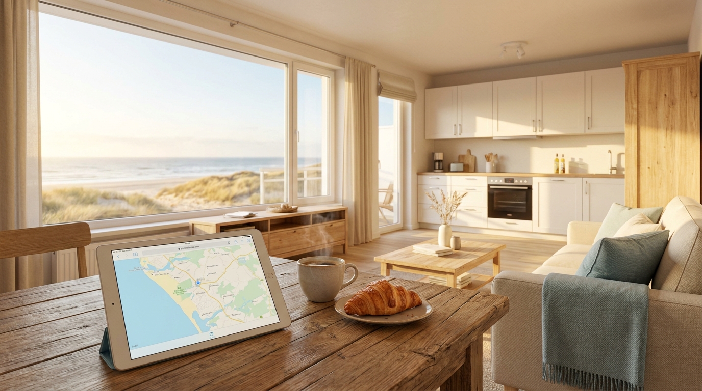 Helle Ferienwohnung mit Meerblick, Tablet auf Holztisch neben Kaffee, warmes Morgenlicht