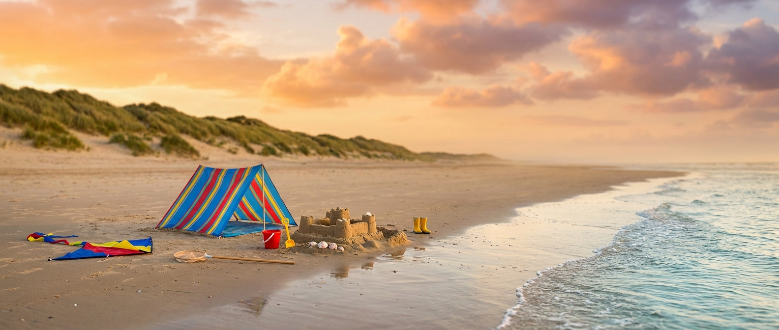 Nordseestrand bei Sonnenuntergang mit Sandburg, Strandmuschel und Spielzeug vor DĂŒnenlandschaft