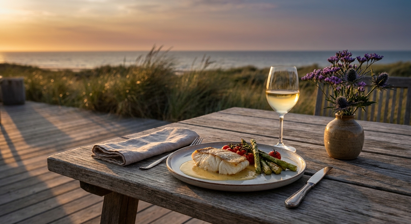 Gedeckter Restauranttisch mit Fischgericht auf einer Terrasse mit Blick auf die Nordsee bei Sonnenuntergang