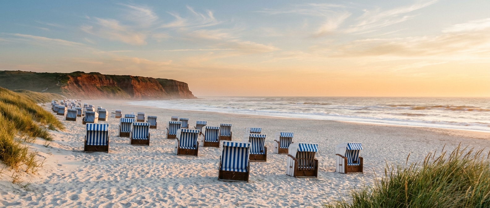 Breiter Sandstrand mit StrandkĂśrben vor dem Roten Kliff auf Sylt im Abendlicht