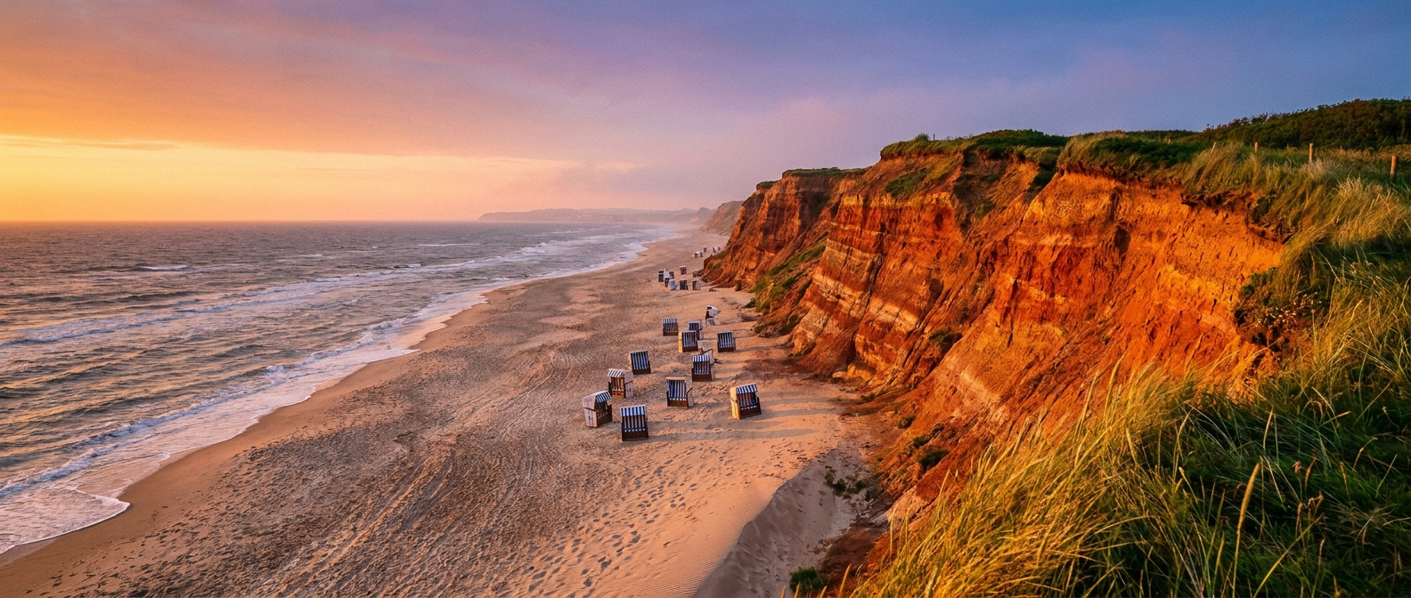 Rotes Kliff an der NordseekĂŒste im Sonnenuntergang mit Strandkörben auf weitem Sandstrand