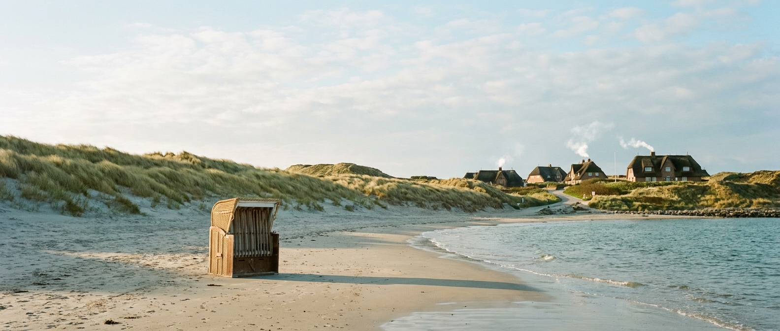 Leerer FrĂŒhlingsstrand mit einzelnem Strandkorb, DĂŒnen und ReetdachhĂ€usern im warmen Morgenlicht