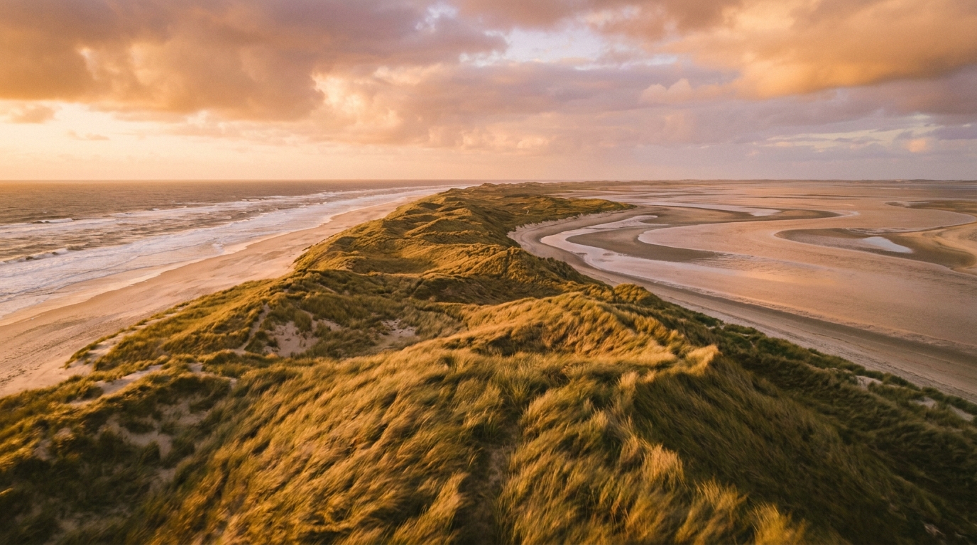 Weiter Nordseestrand mit Dünen im goldenen Abendlicht und dramatischem Wolkenhimmel