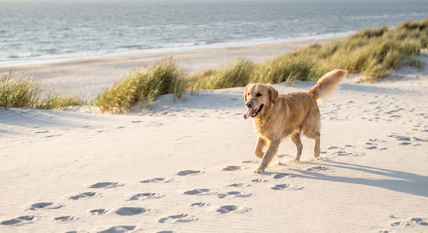 Hund lĂ€uft bei Sonnenaufgang ĂŒber einen breiten Sandstrand mit DĂŒnen an der Nordsee auf Sylt