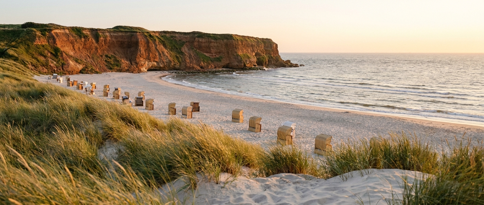 Sandstrand mit Strandkörben und Dünen an der Küste von Wenningstedt auf Sylt im Abendlicht