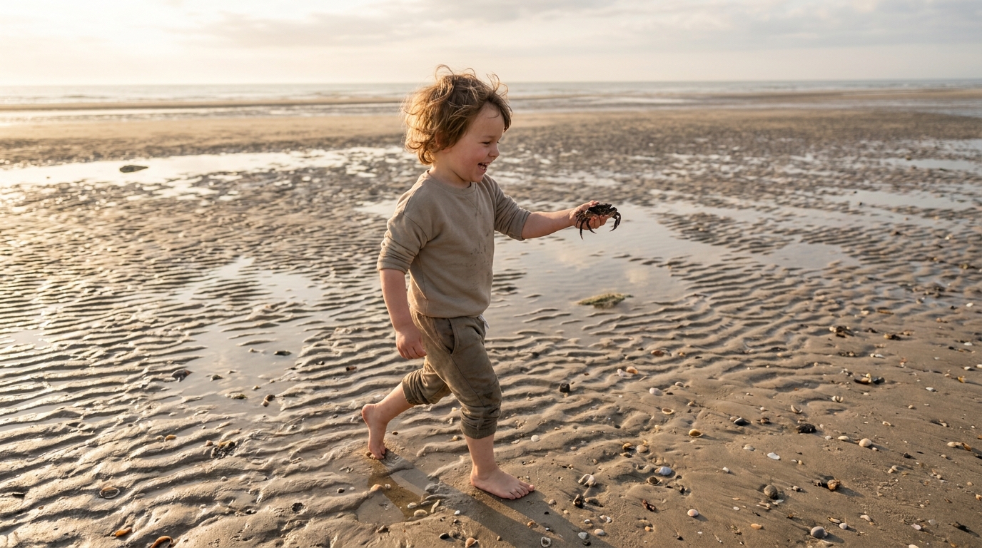 Kind läuft barfuà ßber Wattsand und hält lachend eine kleine Strandkrabbe hoch