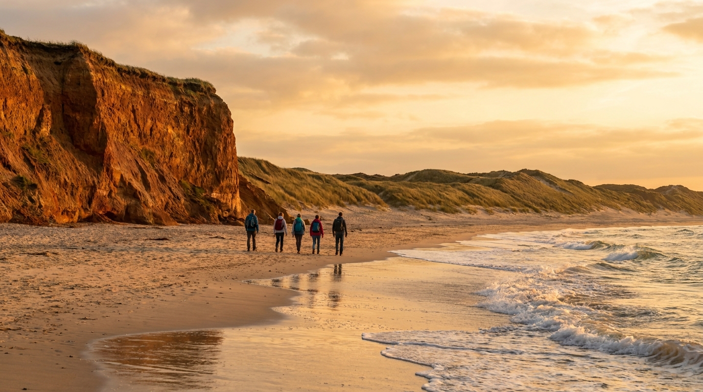 Wandernde am breiten Sandstrand unter einem rot leuchtenden Kliff im Abendlicht auf Sylt