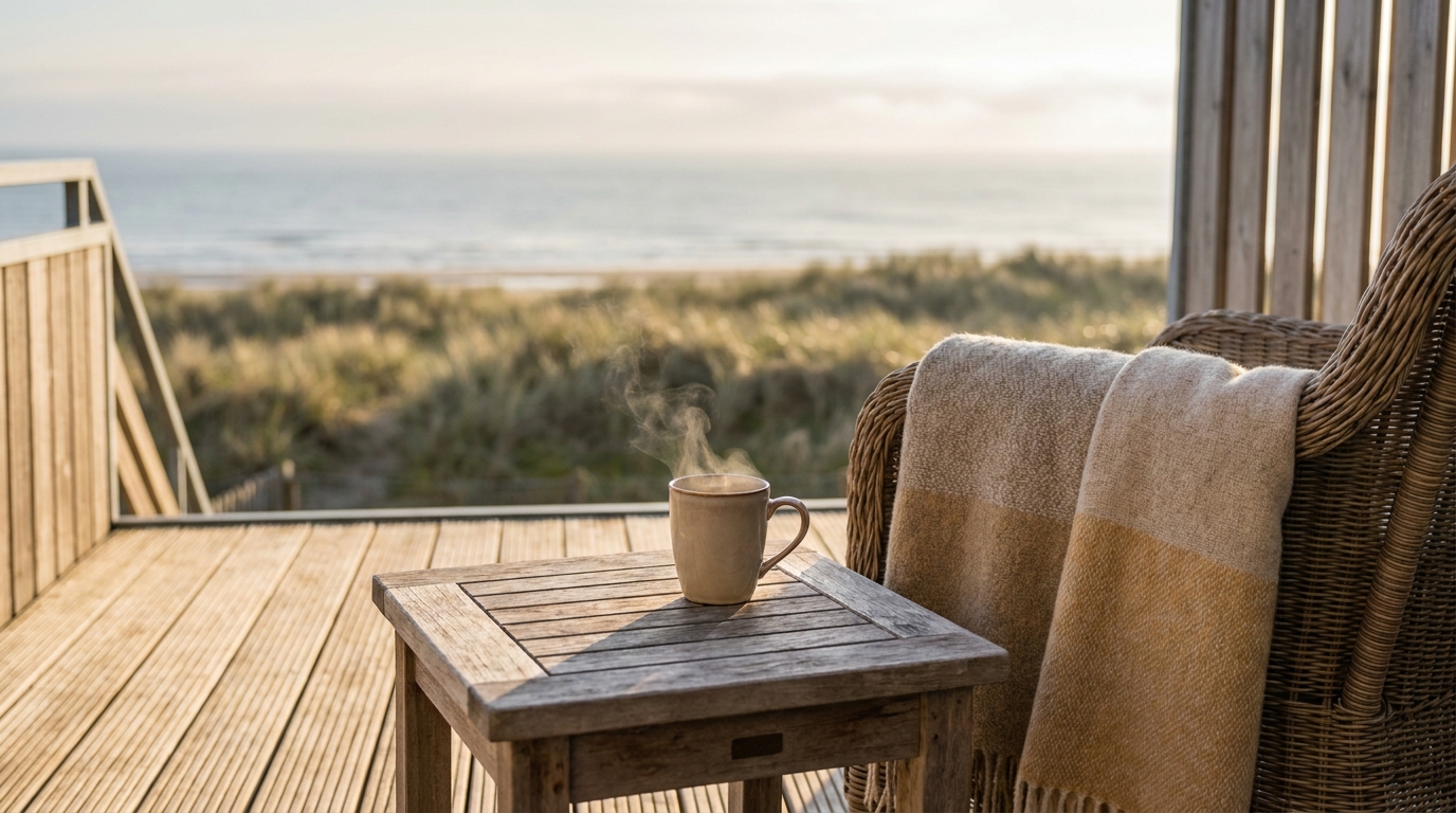 Kaffeetasse auf einem Balkon am Morgen mit Blick ĂŒber DĂŒnen zur Nordsee