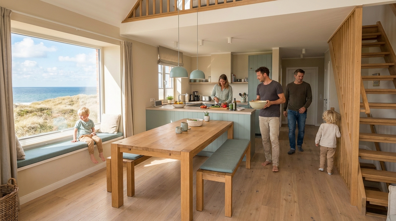 Familie und Paar in heller Ferienwohnung mit offener Küche und Meerblick auf Sylt