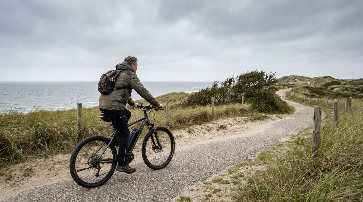 Radfahrer auf E-Bike auf einem Küstenweg zwischen Dünen und Nordsee auf Sylt