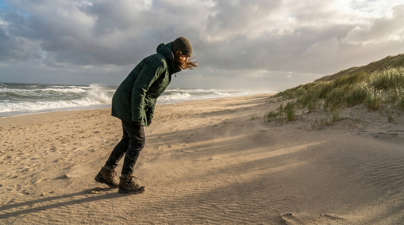 Einzelner Wanderer geht bei starkem Wind über einen menschenleeren Herbststrand in Wenningstedt auf Sylt