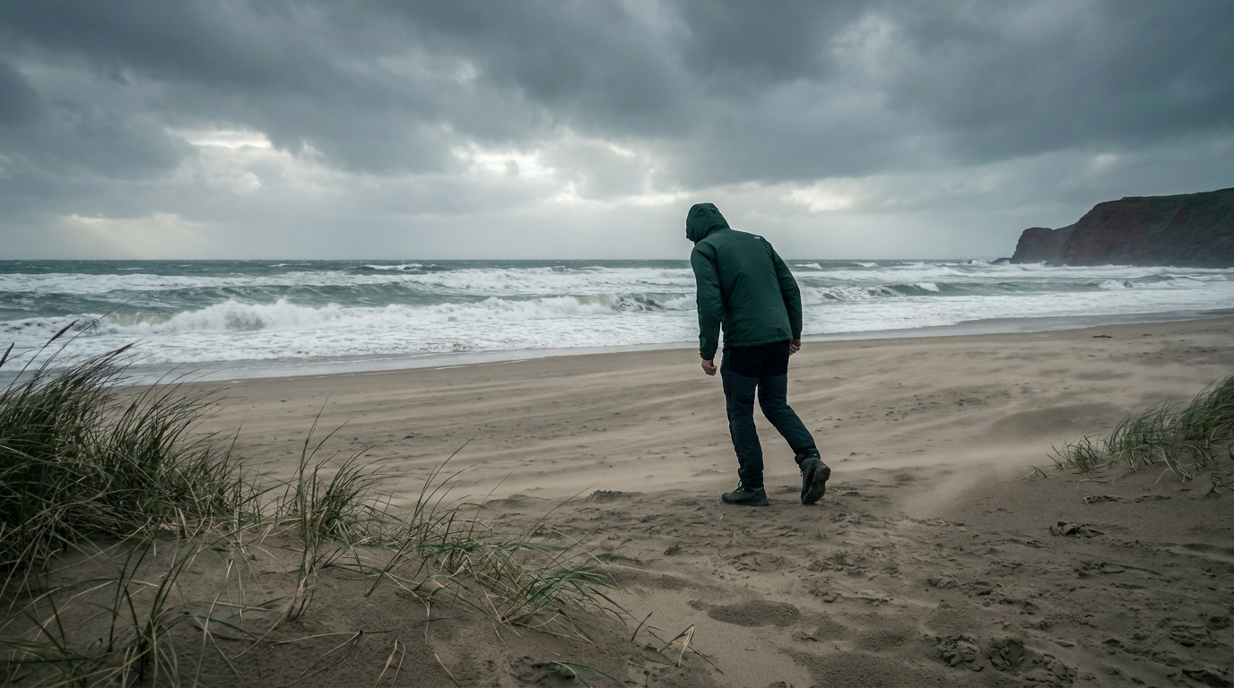 Wanderer in wetterfester Jacke geht bei Sturm am menschenleeren Weststrand von Wenningstedt entlang, hohe Wellen im